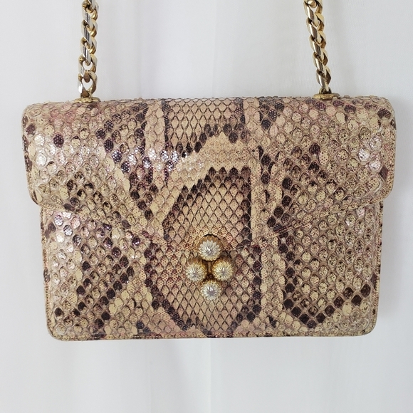 Finesse tan burgundy metallic snakeakin chain strap evening bag unique clasp - Picture 3 of 6